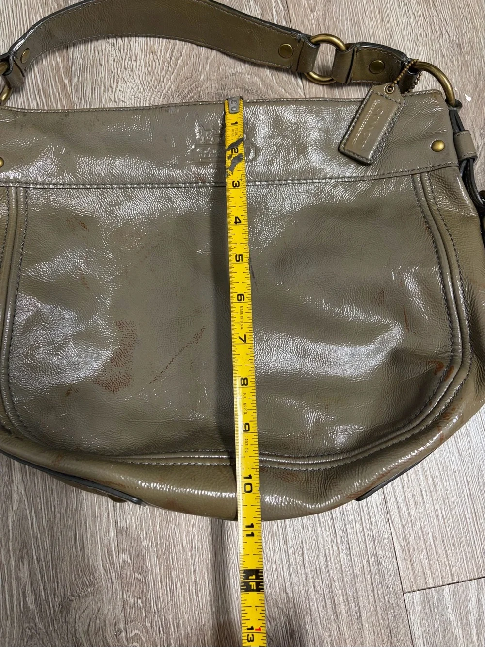 Coach Olive Green Patent Leather Hobo Shoulder Bag with Brass Hardware